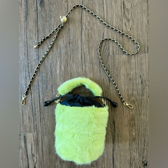 Handmade Lime Green Genuine Mink Fur & Drawstring Bucket Bag/Crossbody - Picture 11 of 15